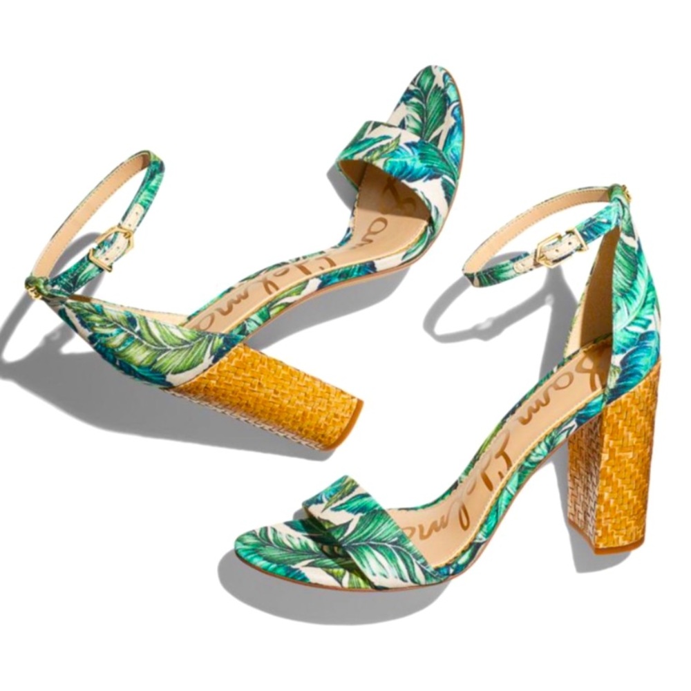 Sam Edelman | YARO | Green & Blue Palm print open toe heel sandal | size 7.5